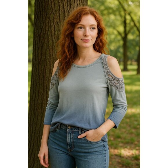 Knox Rose Tops - Knox Rose S Sweater Shirt Crochet Boho Cold Shoulder Top Long Sleeve Ombre